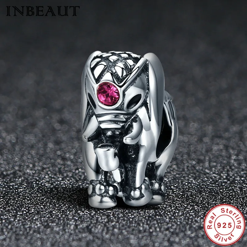

Lovely DIY Animal Beads fit Pandora Bracelet 925 Sterling Silver Wine Red Zircon Elephant Charm for Europe Jewelry Making Girls
