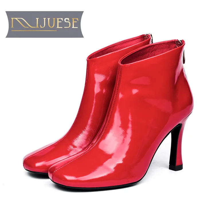

MLJUESE 2019 women ankle boots cow leather patent leather zippers high heels boots winter short plush warm boots wedding dress