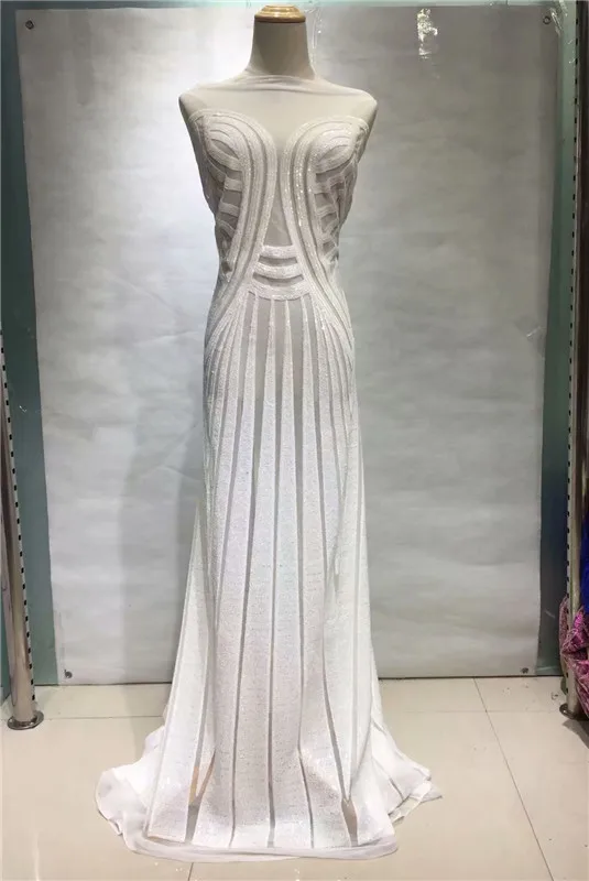 

2019 high quality French Nigerian sequins net lace,African tulle mesh sequence lace fabric for party dress 5yards/lot white