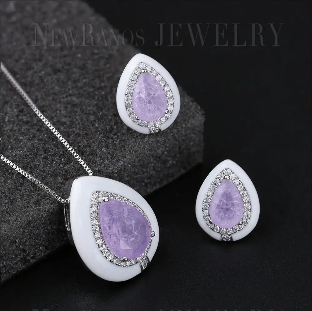 Newranos Pedra Fusion камень Эмаль Ювелирные наборы Фиолетовый капли воды ожерелье Комплект сережек для женщин модные ювелирные изделия SFX0031384