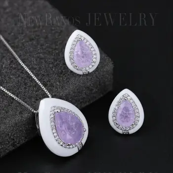 

Newranos Pedra Fusion Stone Enamel Jewelry Sets Purple Water Drop Necklace Earrings Set for Women Fashion Jewelry SFX0031384