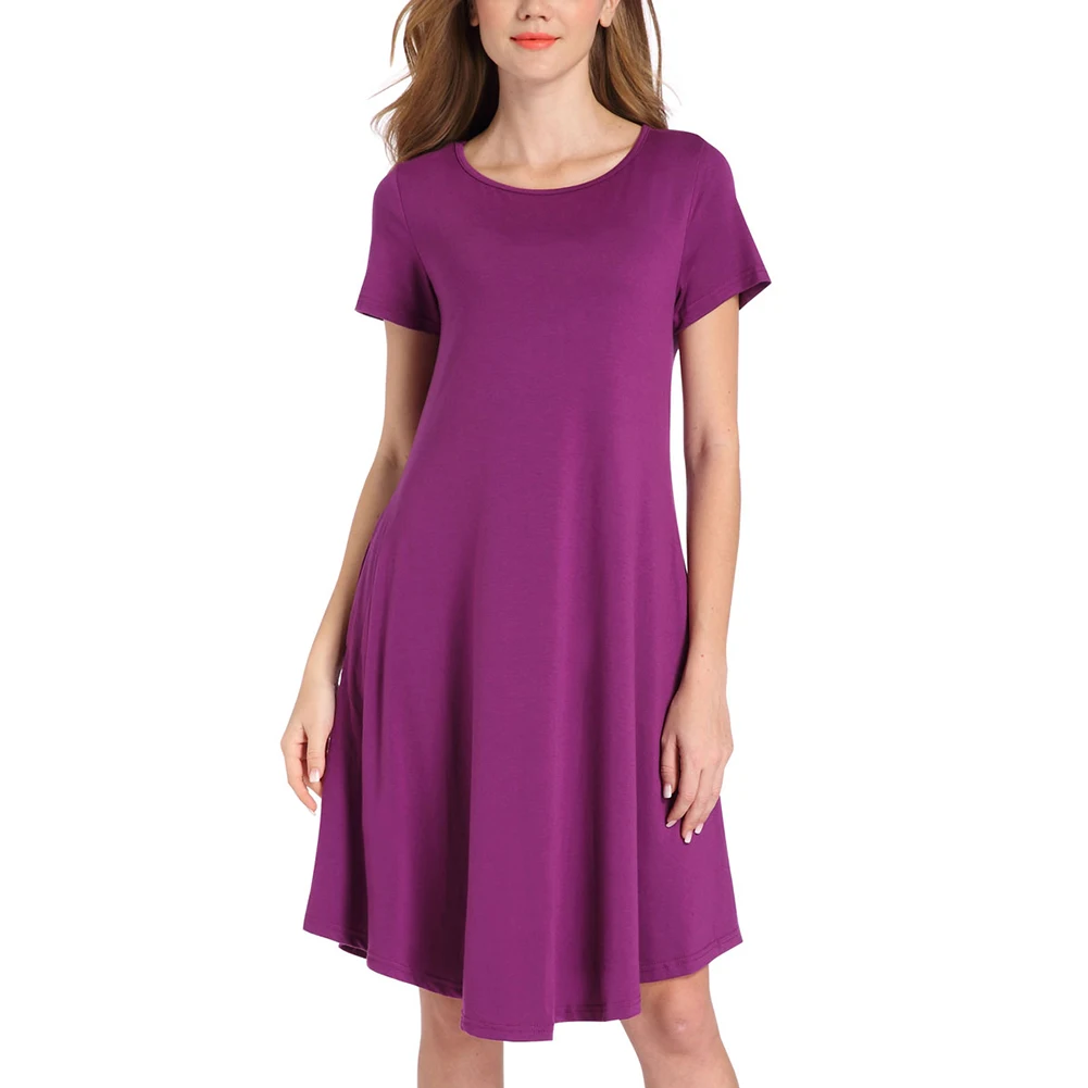 Women's Summer Plain Short Sleeve Two Pockets Swing Loose Casual Midi Dressmidi dresswomen