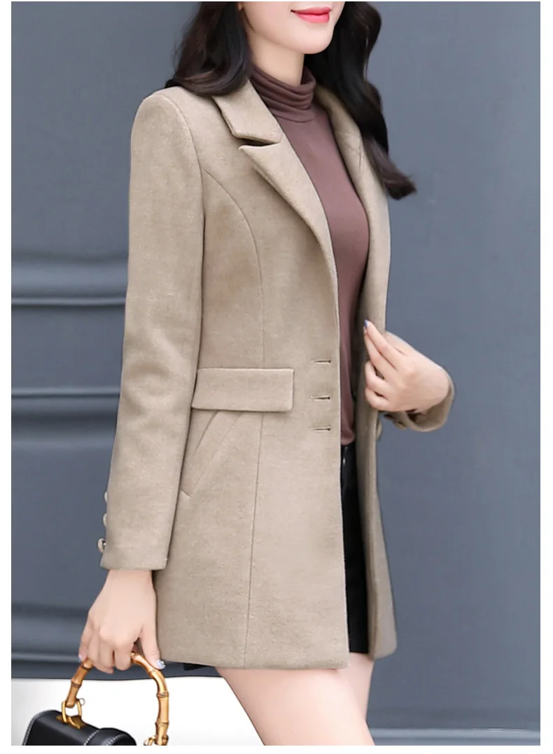 Женская одежда новое зимнее шерстяное пальто 5 однотонное однобортное пальто средней длины с отложным воротником M-3XL размера плюс приталенное Женское пальто