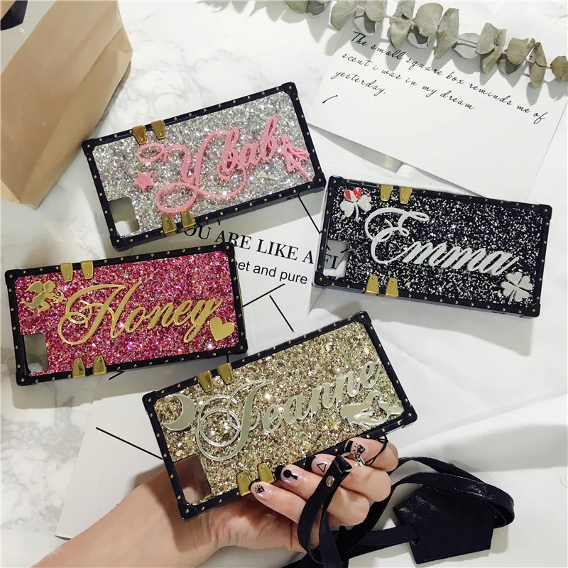 Cena Unikalna nazwa własna list sparkle kwadratowy futerał na telefon dla iPhone 11 7 8 plus X max XR dla Samsung galaxy s8 s9 s10 plus uwaga 10 9