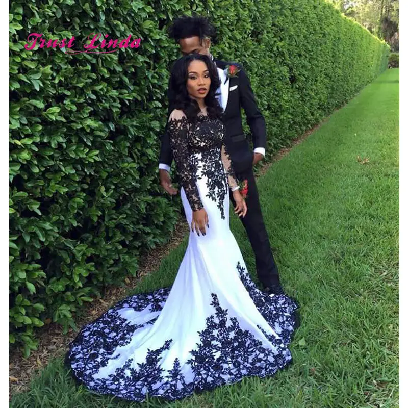 

White And Black Party Dresses For Wedding O Neckline Floor Length Mermaid Long Sleeves Party Dress 2018 Vestido Comprido