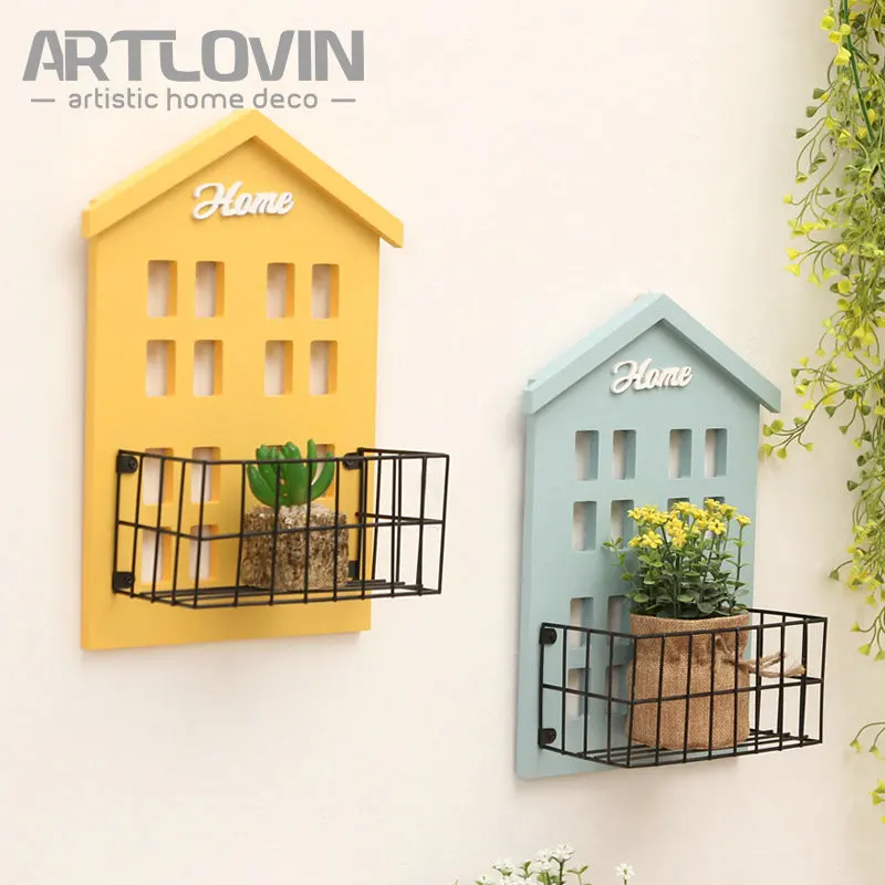 Beste Creative Wall Mounted Opknoping Huis Model Mini Craft voor Home Tuin Deur Decoratie Miniatuur 3d Houten Bloempotten