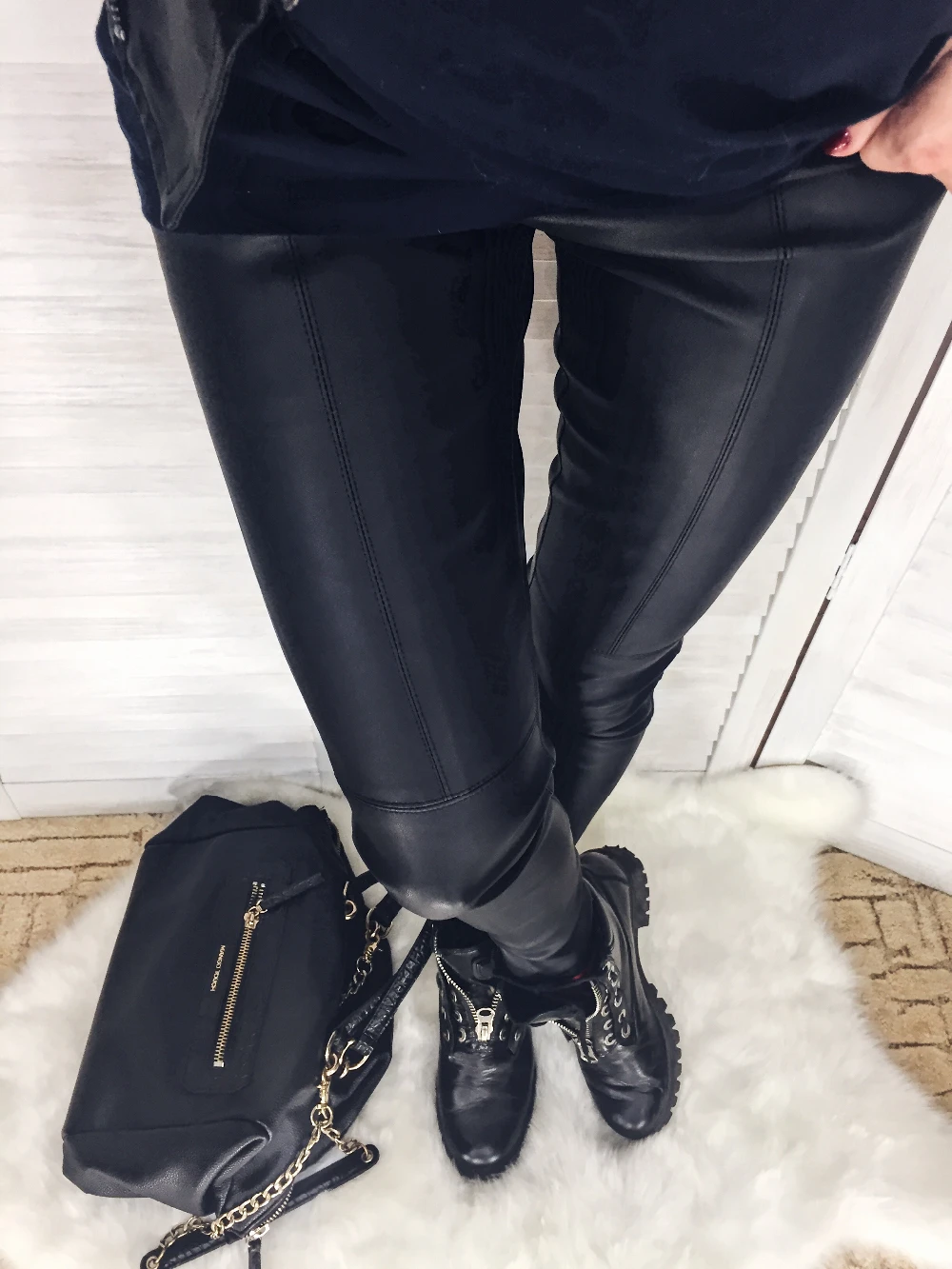 WOTWOY High Quality Tight Leather Pants Women Autumn PU Leather Trousers Side Zippers 2017 Silver Black Pencil Pants High Waist