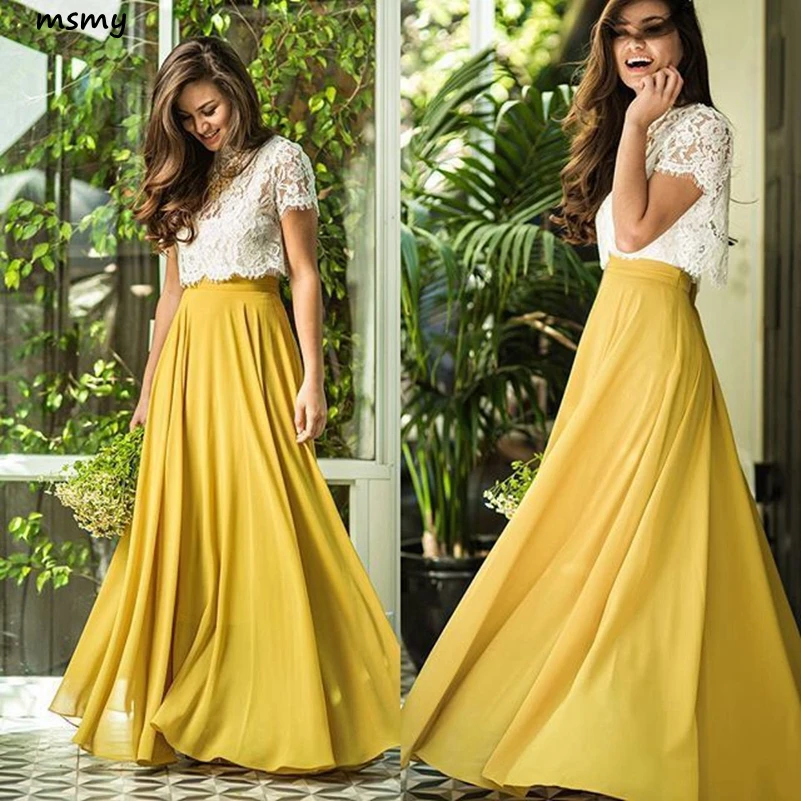 a line white lace long prom gown, 2 pieces yellow evening dress  139
