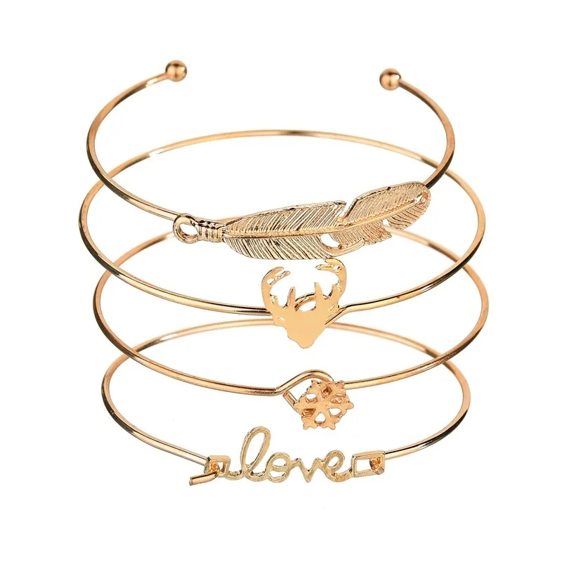 

HOSEWYE 4 pcs/lot Charm LOVE Deer Leaf Snowflake Bracelets & Bangles Gold Color Fashion Cuff Bangles Wedding Jewelry For Women