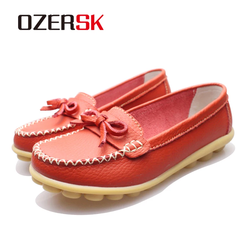 OZERSK New Genuine Leather Women s Shoes Slip On Woman Butterfly knot Flat Shoe Flexible Loafers