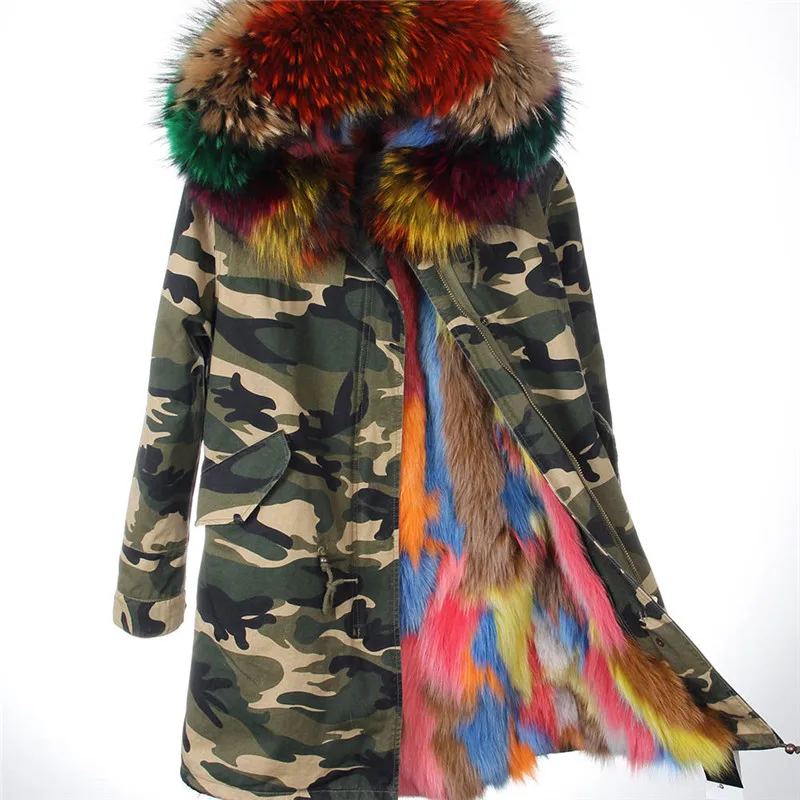 Модный длинный камуфляж зимний жакет Женская уличная одежда Парка мех лисы Капюшон мех Пальто