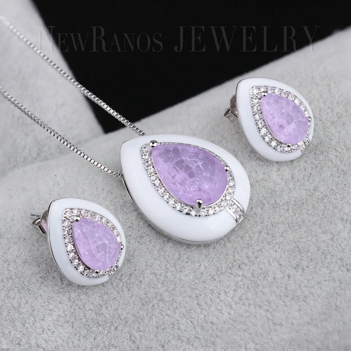 Newranos Pedra Fusion камень Эмаль Ювелирные наборы Фиолетовый капли воды ожерелье Комплект сережек для женщин модные ювелирные изделия SFX0031384