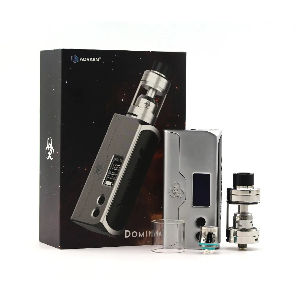 

Advken Authentic 100w Box Kit Dominator Kit with Coil Head Tank Atomizer in Stainless Steel and Black for Vape