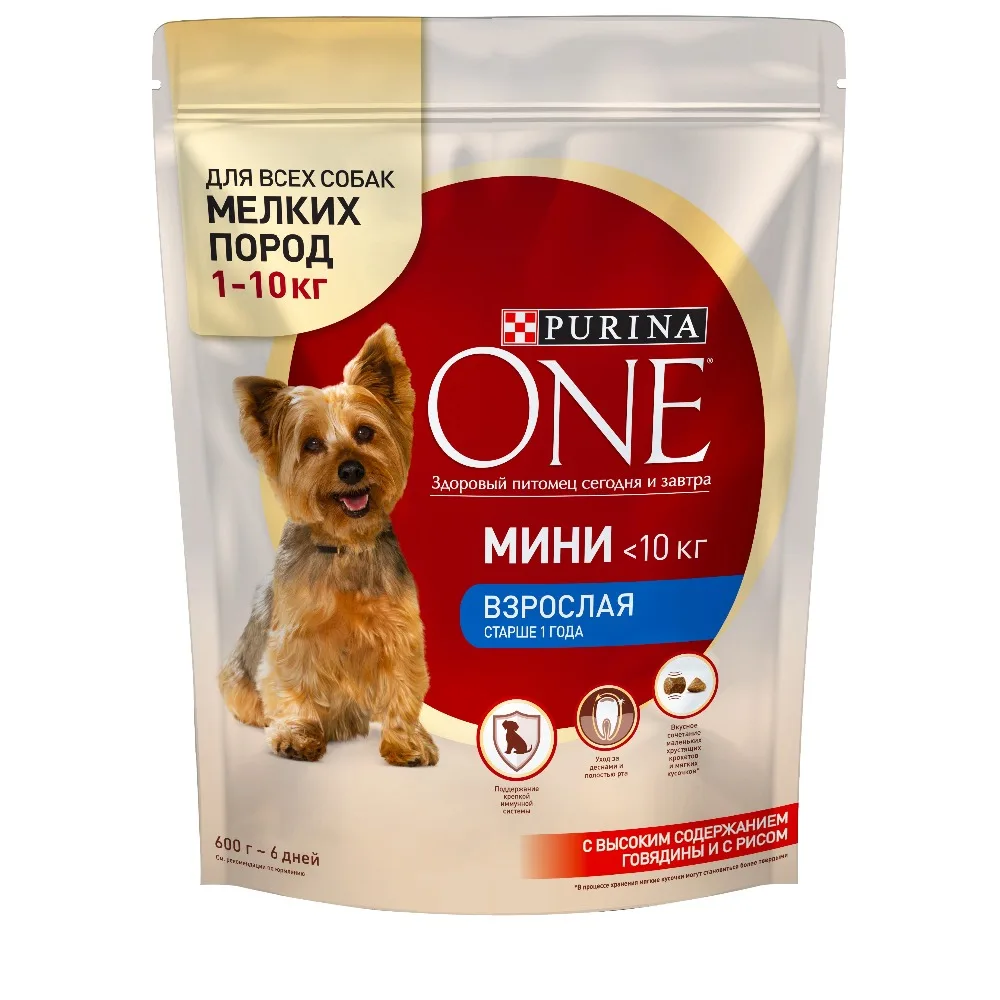 Сухой корм для собак мелких пород Purina One Mini Взрослая, с говядиной и рисом, 4.8 кг