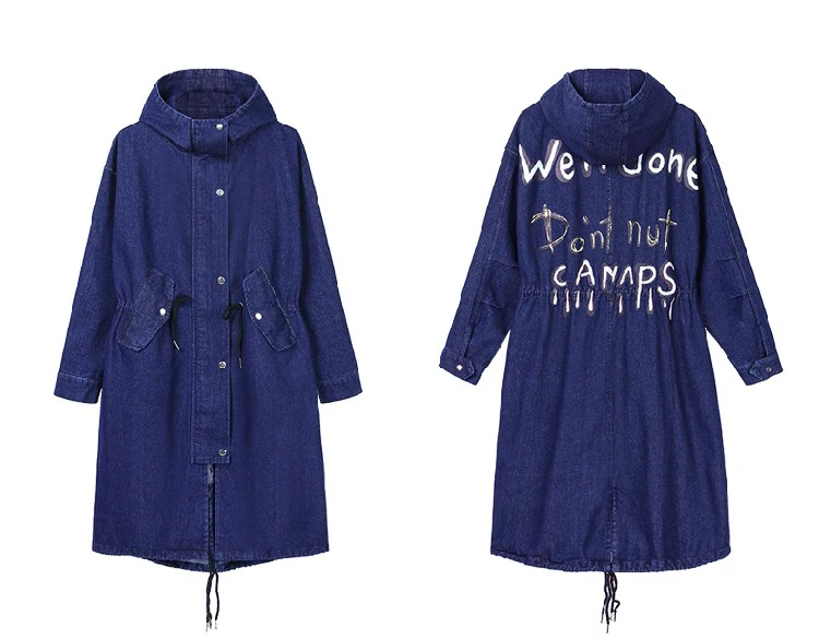 Spring Autumn Women Hooded Denim Trench New Korean Buttons and zippers Casual Loose Coat Female Long Denim Coat Is112