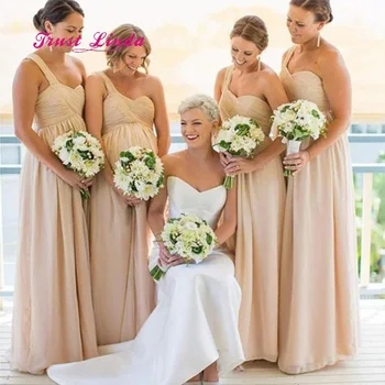 

Champagne Bridesmaid Dresses Long Empire Waist Pleated One Shoulder Bridesmaid Dresses Robe Longue Demoiselle D'honneur