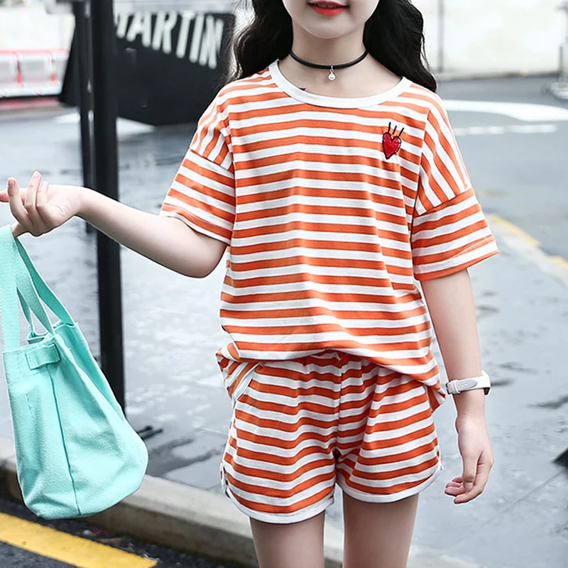 

3-14Year Kids Girls Teen Casual Short Sleeve T-shirt Tops+Shorts Striped Outfit