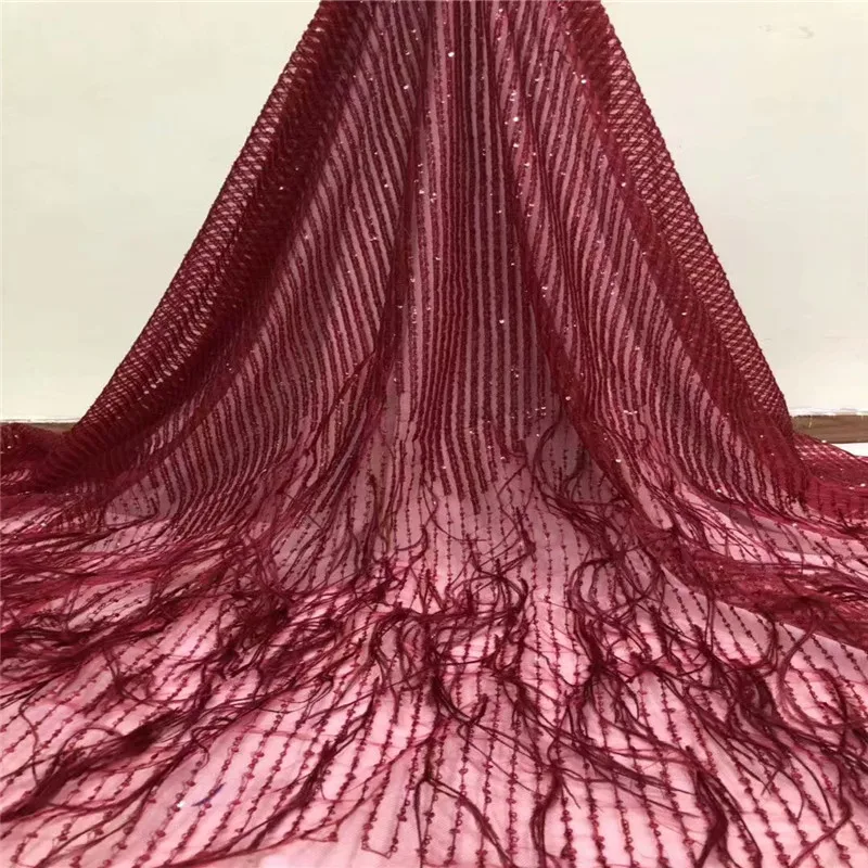 

Luxury African Wedding Dress wine red 3d Dress Lace Feather Embroidery French Tulle Lace Sequin Lace Fabric For Women F1037-1