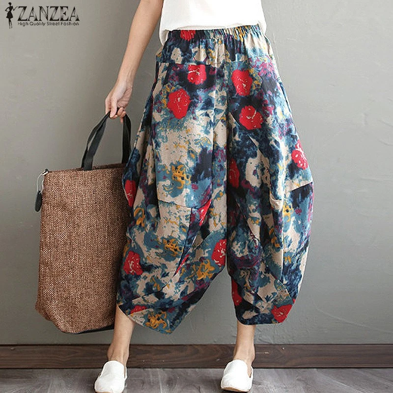 ZANZEA Women Elastic High Waist Pants Printed Floral Trousers Capris Plus Size