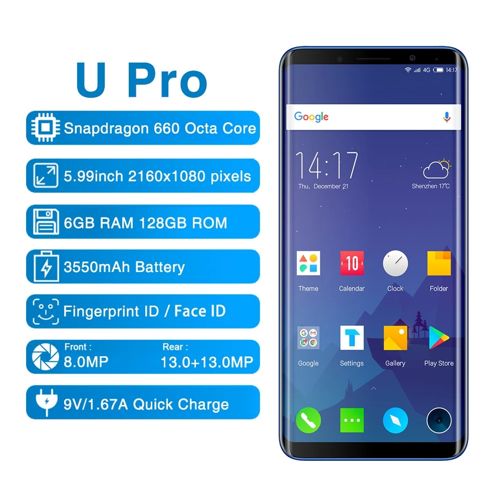 Elephone U Pro смартфон 6 ГБ 128 г 5 99 ''Snapdragon 660 Android 8 0 Восьмиядерный 13MP распознавание