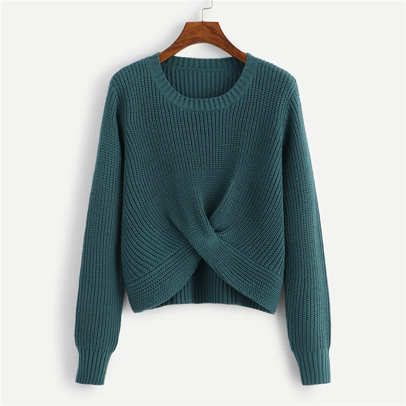 ROMWE зеленый Твист подол сплошной свитер женский повседневный Осень Зима Простой Длинный рукав одежда женский весенний пуловер свитер