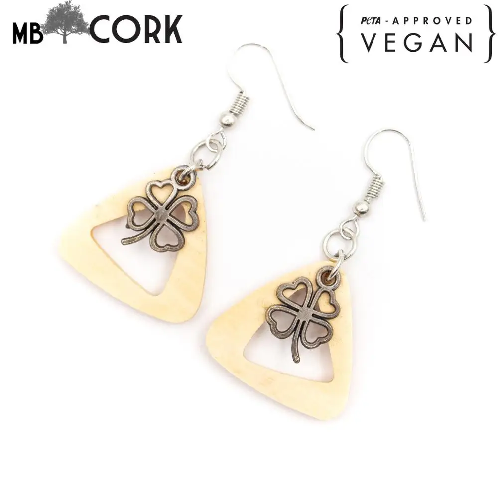 

Triangle natural wood with bronze flower earrings Original handmade ladies earrings-ER-079