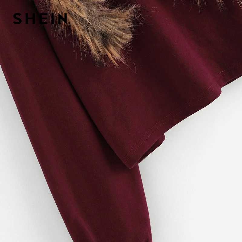  SHEIN Burgundy Faux Fur Fox Patch Sweatshirt Women Long Sleeve Round Neck Crop Pullovers Women Autu