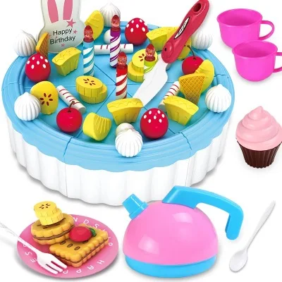 Игры для девочек детские игрушки для кухни для детей DIY игрушечный торт еда Кухня пластик ролевые игры резка чайник для дня рождения Печенье - Цвет: 62 pcs blue