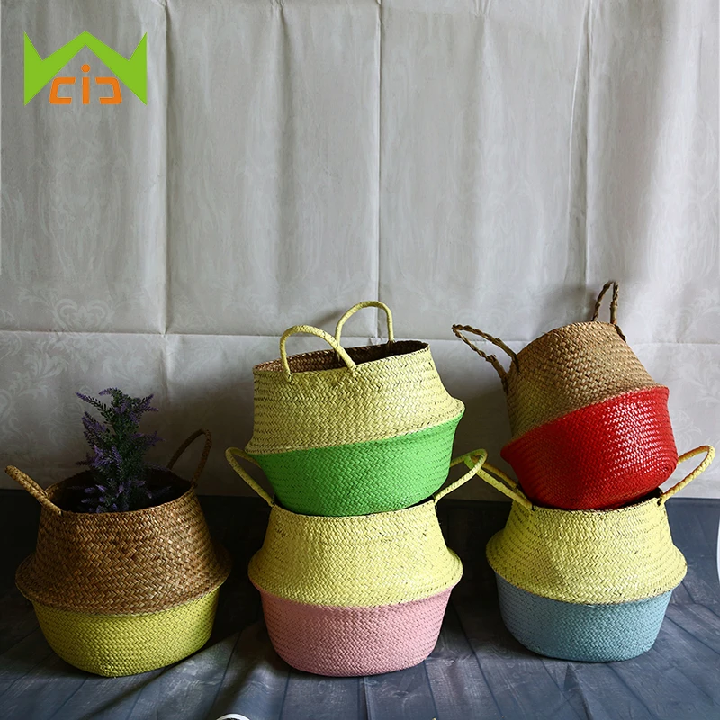 WCIC Natural Sea Grass 10 Colors Hand-Woven Flower Pot Planter Folding Plant Pot Flower Pots Decorative Garden Succulent Pot