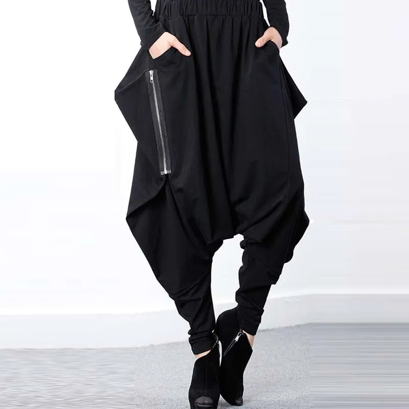 

ZANZEA Women Leisure Solid Zipper Pockets Drop-Crotch Pantalon 2019 Fashion Retro Black Baggy Harem Trousers Wide Leg Long Pants