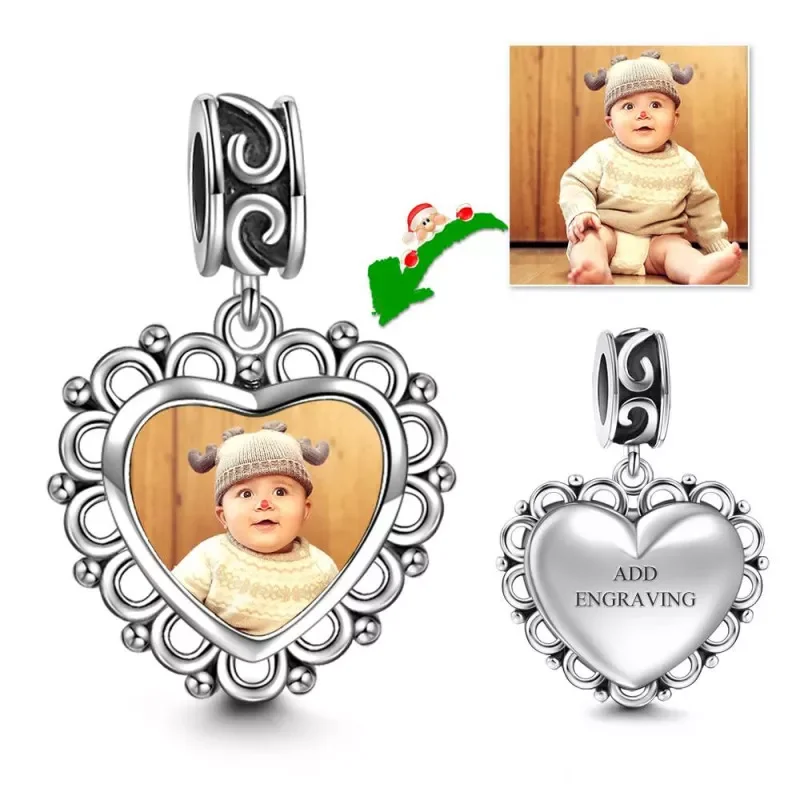 

Heart Dangle Engraved Photo Charm Silver Personalized Custom Design Print on Demand Dropshipping Shopify WooCommerce