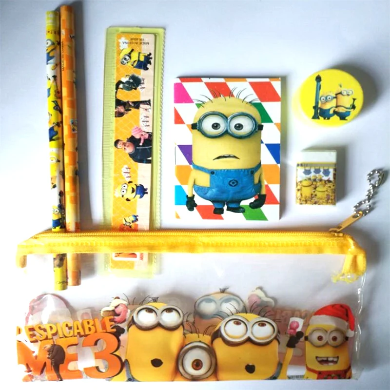 

12 pcs/ Kawaii Pencil Cute Kids School Supplies Stationery Set Cartoon Yellow Man Pencil Box Free Shipping