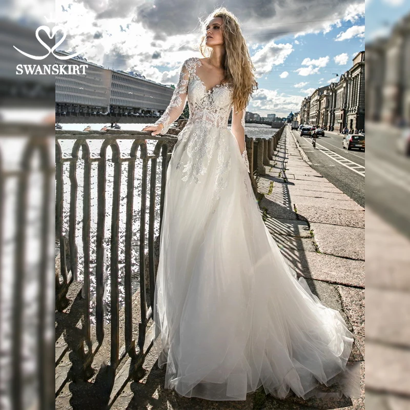 Модное свадебное платье с аппликацией, юбка-лебедка, милое кружевное свадебное платье, украшенное бусинами, бальное платье с длинным рукавом, Vestido de novia HZ16