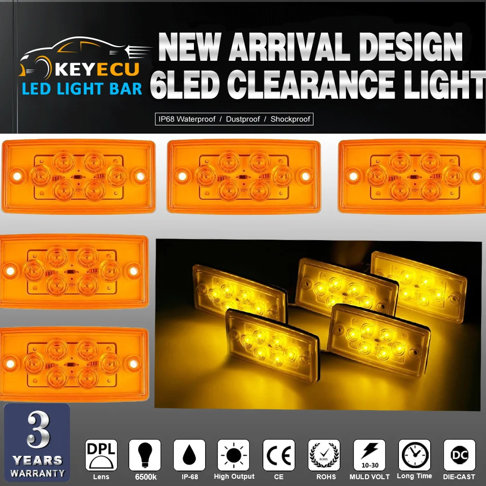 Rectangle Amber 6 LED Cab Roof Top Clearance Marker Light for Freightliner 5PCS