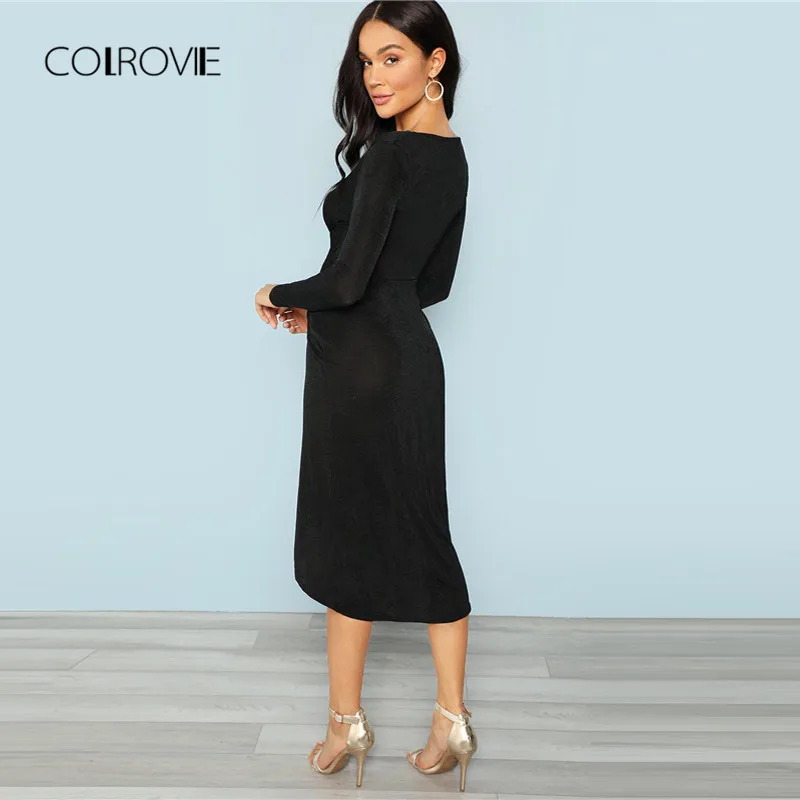 COLROVIE Black Deep V Neck Wrap Sexy Bodycon Dress 2018 Autumn Plunging Neck Split Front Party Dress Elegant Midi Women Dresses COLROVIE Black Deep V Neck Wrap Sexy Bodycon Dress 2018 Autumn Plunging Neck Split Front Party Dress Elegant Midi Women Dresses