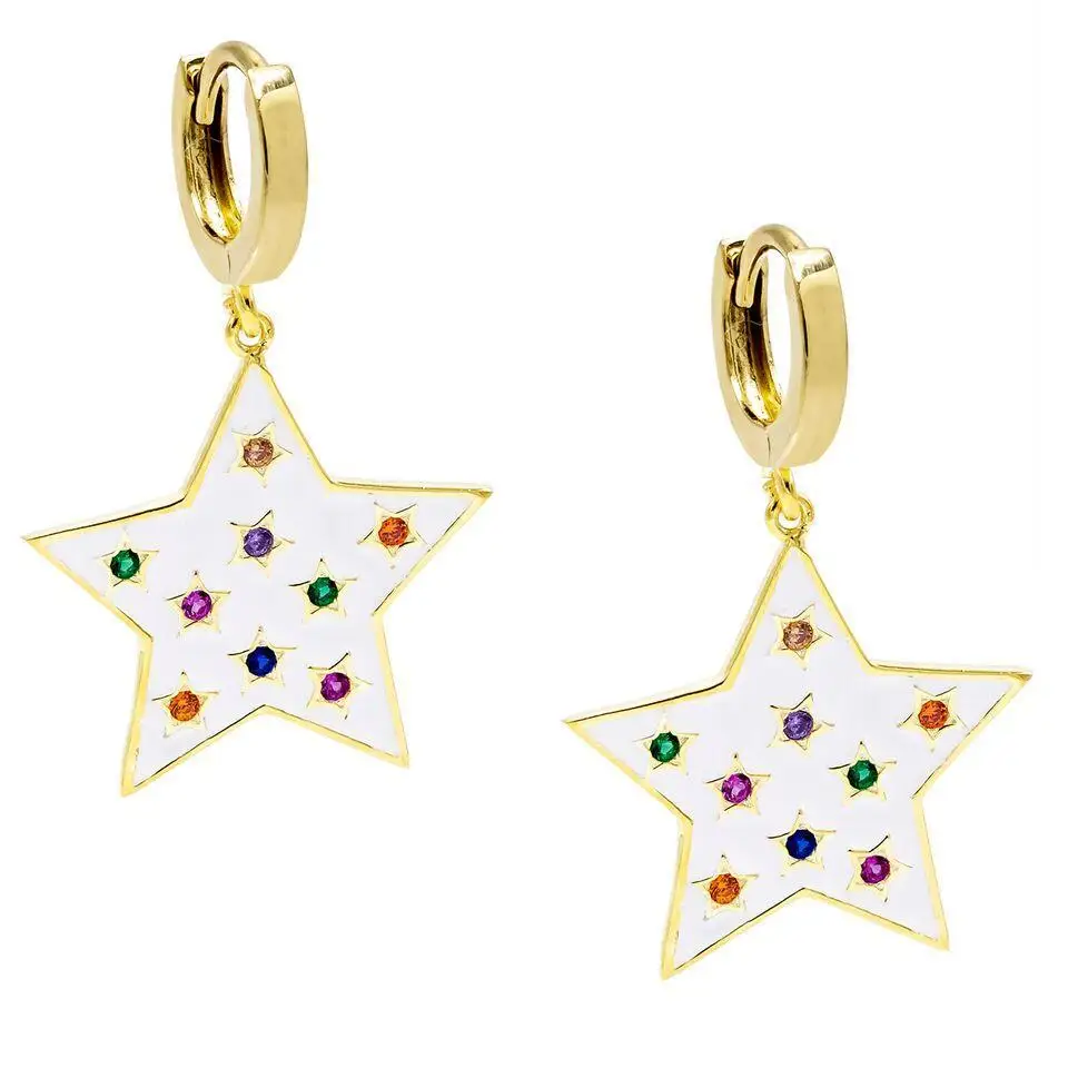 

Gold filled white enamel rainbow cz sparking star dangle earring gorgeous trendy women jewelry