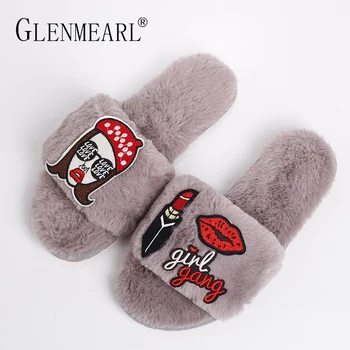 

Women Slippers Indoor Shoes Flat Fur Winter Cartoon Lipstick Home Slippers Warm Soft Non Slip Female Plush Colorful Shoes DE