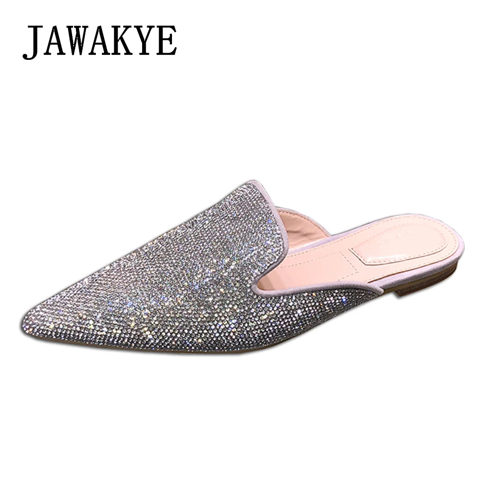 JAWAKYE Summer Bling Bling flat slippers Women Pointed toe FlipFlops mules Cozy Crystal Slides Rhinestone glitter half slippers JAWAKYE Summer Bling Bling flat slippers Women Pointed toe FlipFlops mules Cozy Crystal Slides Rhinestone glitter half slippers