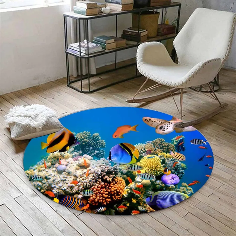 

Else Tropical Blue Sea Aquarium Yellow Black Fishes 3d Print Anti Slip Back Round Carpets Area Rug For Living Rooms Bathroom