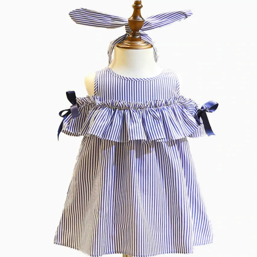 

New 2018 Summer Striped Blue Party, Girls' Cotton Dress, Frills And Scarves, Children's Little Girls, Cute Fashion Clothes.