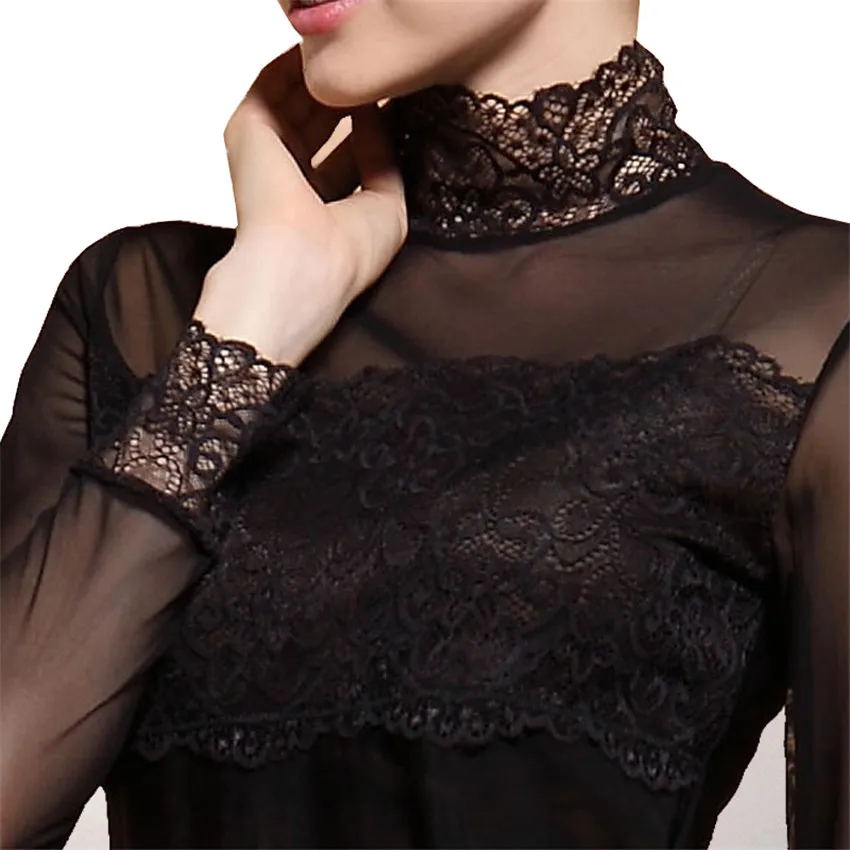 

2018 New Fashion Spring Women Lace Blouses Turtleneck Mesh Shirts All-match Ladies Tops Pullovers Brief Autumn Bottomings WZ293