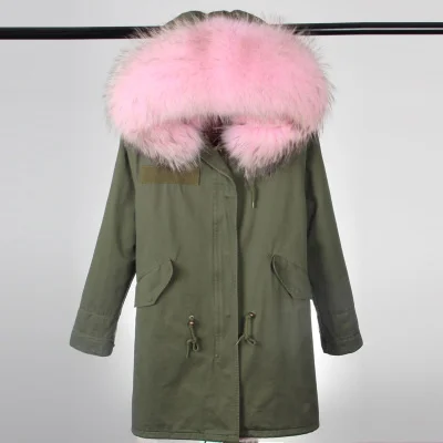 Новая длинная армейская зеленая зимняя женская куртка Уличная мода Парка Воротник из натурального меха енота Пальто Мех - Цвет: color 30