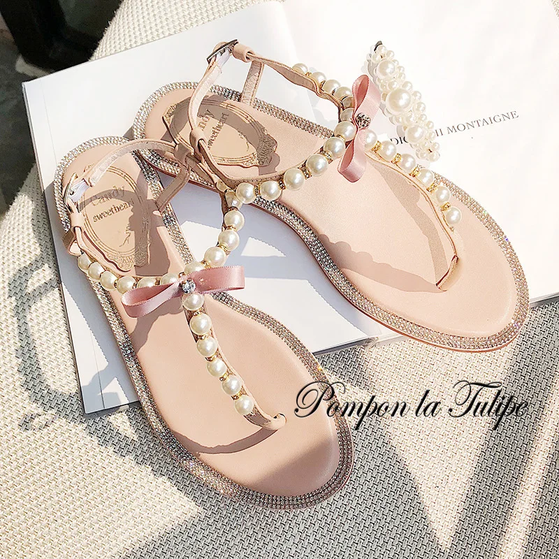 

BHS 901118 Chic Round Toe Pearl Rhinestone Flats Genuine Leather Stylish Sandals Sheepskin Fashion Women Shoes Party Wedding