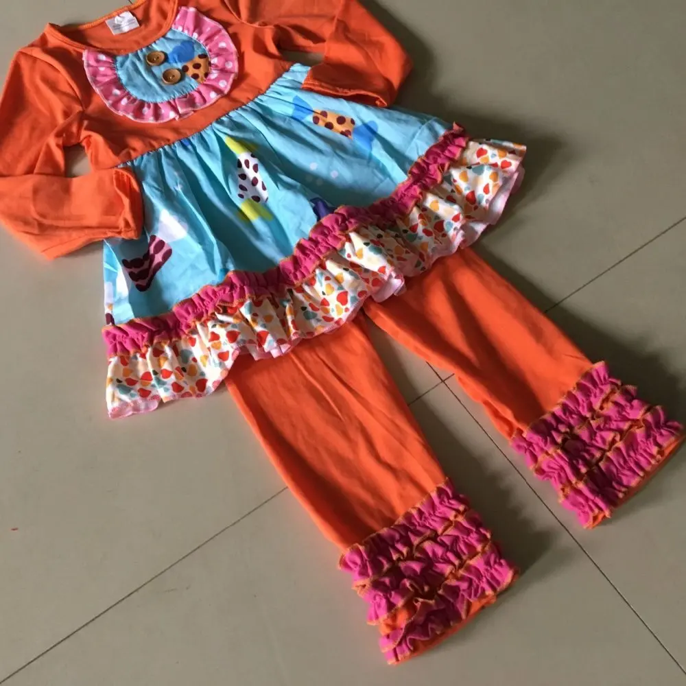 

Novel Design with orange and full sleeves style 100%cotton Summer and Bib of Baby Girls Dress Apparel Accessory for present