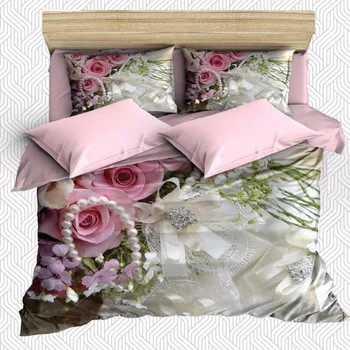 

Else 6 Piece Pink Roses White Pearl Green Leaf Flower 3D Print Cotton Satin Double Duvet Cover Bedding Set Pillow Case Bed Sheet