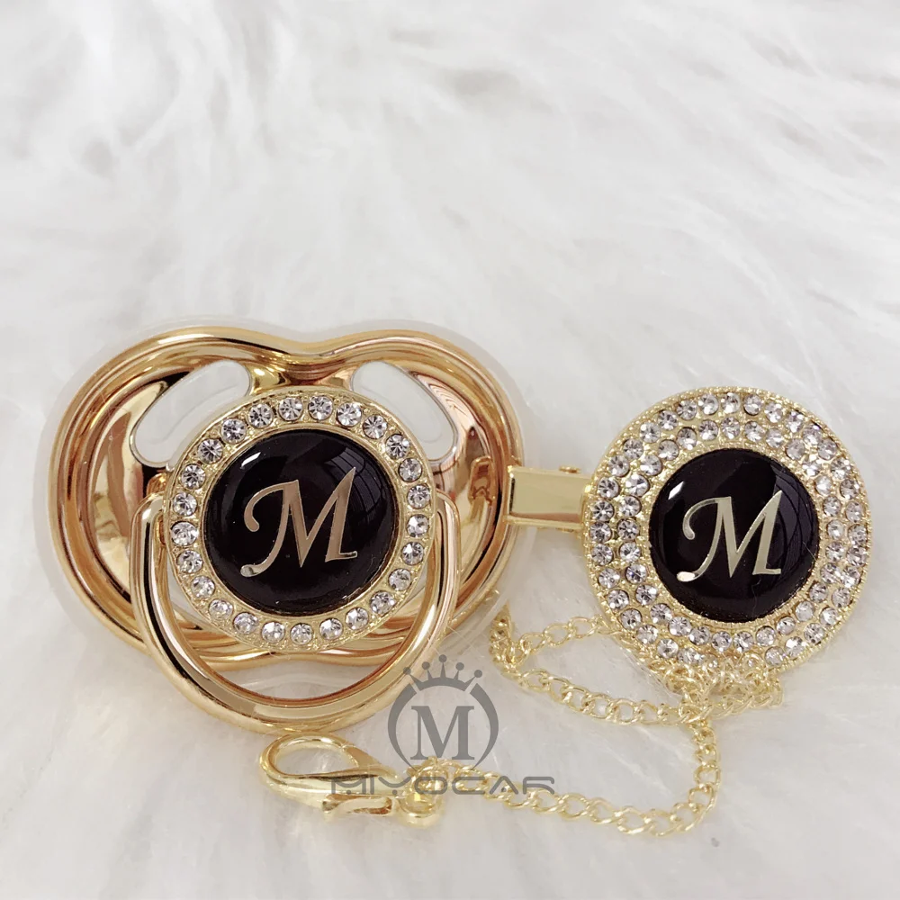 

MIYOCAR Gold silver name Initials letter M beautiful bling pacifier and pacifier clip BPA free dummy bling unique design LMS-8/9