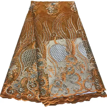 

African Lace Fabric, Beautiful Yellow Embroidered Tulle Lace Fabric, Handmade Stones Heavy Lace HJ995-1