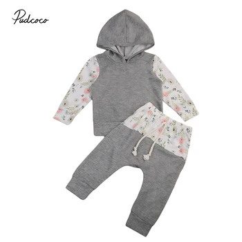 

2PCS Infant Newborn Baby Clothes Gray Hooded Boy Girl Long Sleeve Hoodies T-shirt + Leggings Outfit Clothes 2pcs Baby Clothes