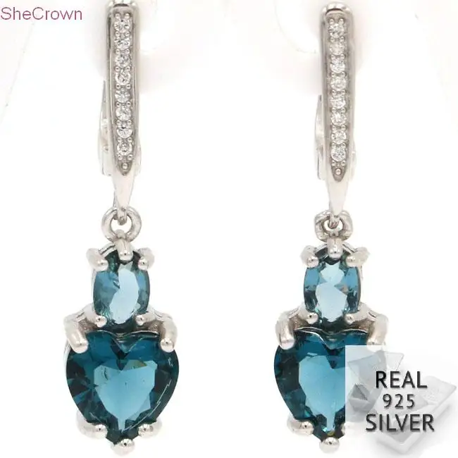 

Real 5.6g 925 Solid Sterling Silver Heart Shape London Blue Topaz Gift For Girls Earrings 32x8mm