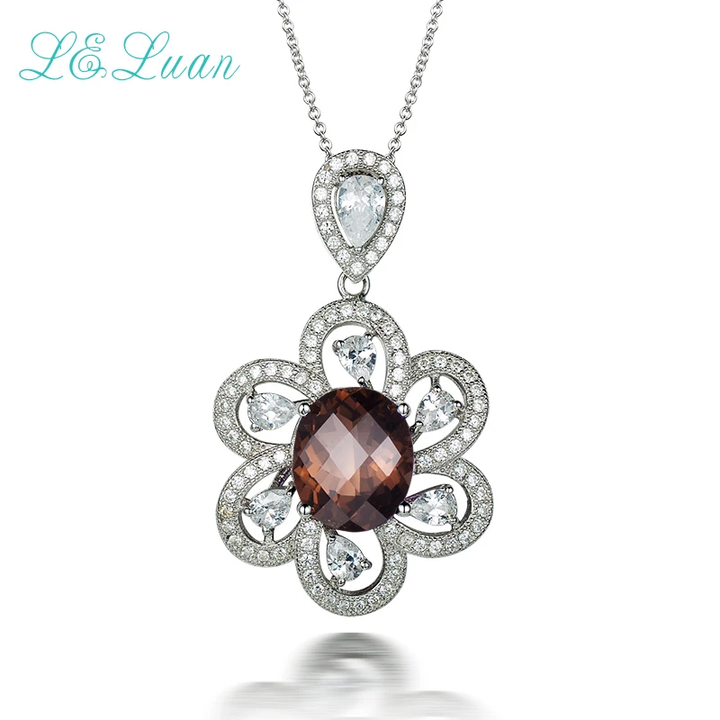 

l&zuan S925 silver Woman Pendants Natural 4.89ct Smoky Quartz Brown Crystal Flower Gemstones Sweater chain Fine Jewelry gift